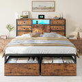 Homkdom Queen Size Bed Frame with 8 Fabric Storage Drawers, LED Lights & Charging Station, Metal Platform Bed Frame with Headboard Storage,No-Noise,Easy Assembly,Modern Brown
