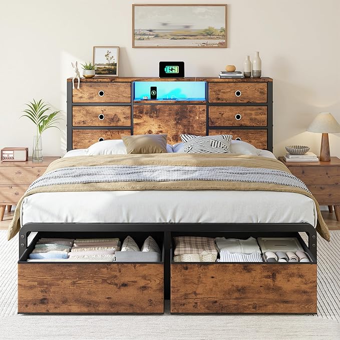 Homkdom Queen Size Bed Frame with 8 Fabric Storage Drawers, LED Lights & Charging Station, Metal Platform Bed Frame with Headboard Storage,No-Noise,Easy Assembly,Modern Brown