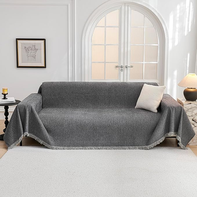 MYSKY HOME Couch Cover for Sofa Couch Covers for Pets, Non Slip Dogs Furniture Protector with Tassels for Living Room Non Slip Washable Furniture Protector Cover for Pet, Cat, 91"x118", Dark Grey