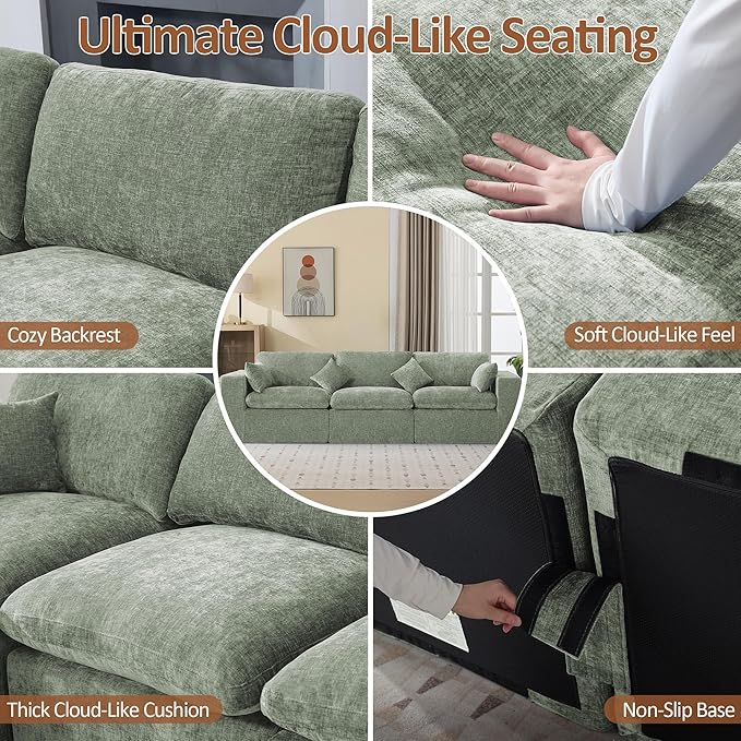 115''Cloud Boneless Sectional Couch, Modular Sectional Sofa Deep Seat, Oversized Upholstered Convertible Comfy 3 Seater Chenille Memory Foam Sofa Couches for Living Room, Green