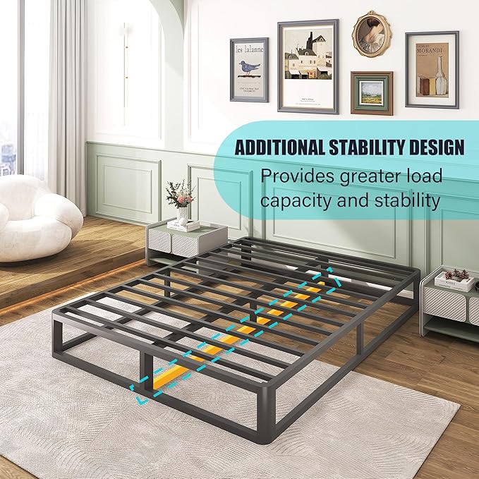 Firpeesy Upgrade Anti Bending and Round Corner Legs 10 inch Metal Queen Bed Frame 3500 LBS Heavy Steel Slats Support Platform Bed Frames No Box Spring Needed Platform Noise Free Easy Assembly
