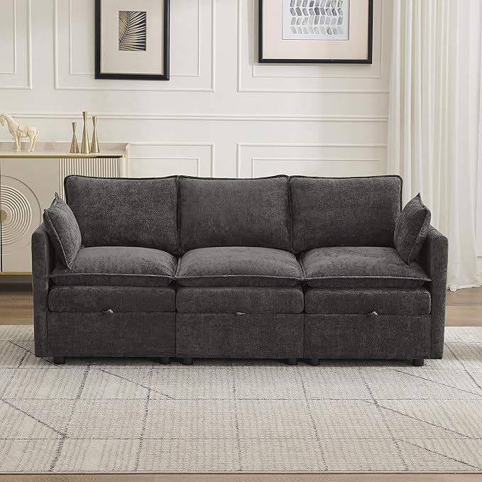 80" Cloud Modular 3 Seater Sofa with Storage, Modern Upholstered Storage Sofa Couch Deep Seat, Sectional Sofa Chenille Comfy Couch with Armrests for Living Room, Small Space, Dark Grey | Sofa Storage, Storage Sofa, Deep Seat, Sectional Sofa, Comfy Couch