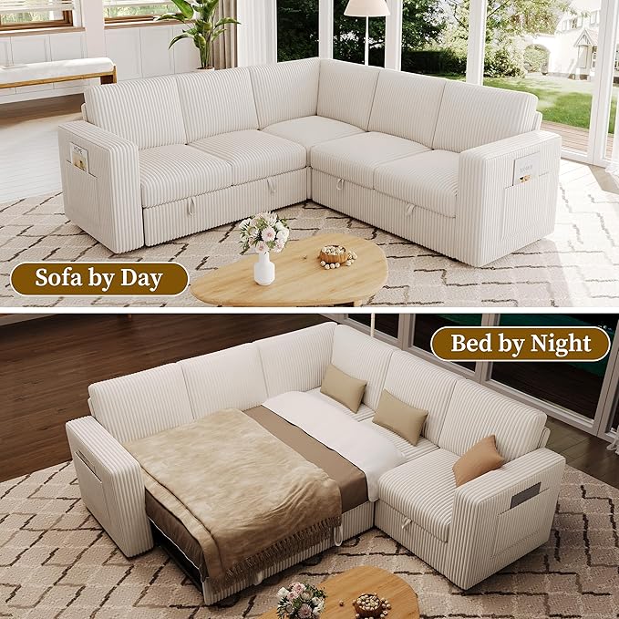 83.5" Sectional Sleeper Sofa with Pull Out Couch, Modern 5 Seat L Shaped Modular Couch, Sectionals Modular Sofa with Storage, Comfy Corduroy Couches Sectional for Living Room & Apartment, Beige