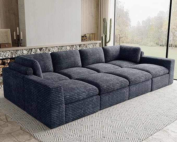 Boneless Modular Sectional Sleeper Sofa Bed Plush Corduroy Cloud Sectional Couches for Living Room with Deep Seat. Grey Couch.