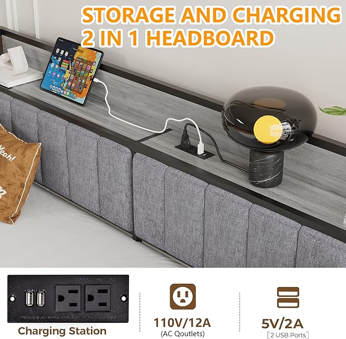 BOFENG Metal Daybed Frame Twin Size with Charging Station,Metal Twin Bed Frame with Upholstered Headboard with Strong Steel Slats for Living Room,Bedroom and Guest Room