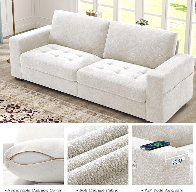 WorthFurni Sofas for Living Room, Chenille Loveseat Couch Set, Small Modern Sofa, USB Charging, Removable Sofa Cover,Solid Wood Frame, Easy to Install(89inch,White)