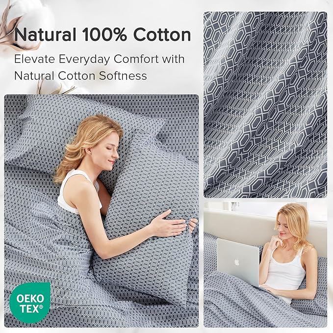 Comfort Spaces 100% Cotton Sheets Queen, Breathable, Naturally Cool Cotton Sheets, Soft Cotton Bed Sheets with 14" Elastic Pocket Fits up to 16" Mattress, All Seasons Sheet Set, Diamond Blue 4 Piece