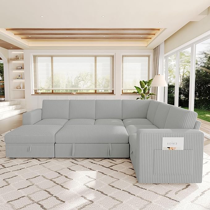 106.7" Sectional Sleeper Sofa with Pull Out Couch, Modern 7 Seat U Shaped Modular Couch, Sectionals Modular Sofa with Storage, Comfy Corduroy Couches Sectional for Living Room, Light Gray