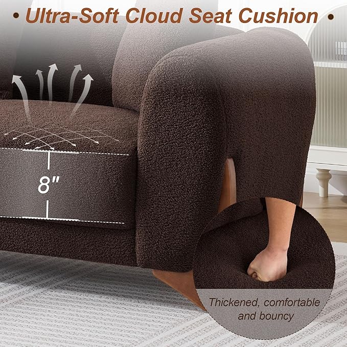 87" Sherpa Boucle Cloud Couch Modern 3 Seater Sofa with Solid Wood Legs, 25" Extra Deep Seat, Comfy Thick Cushion Upholstered Sofa Couches with 3 Pillows for Living Room, Brown