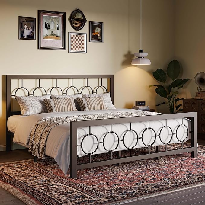 SHA CERLIN King Size Metal Bed Frame with Vintage Circular Design Headboard and Footboard,No Box Spring Required, Easy Assembly,Noise-Free,Brown