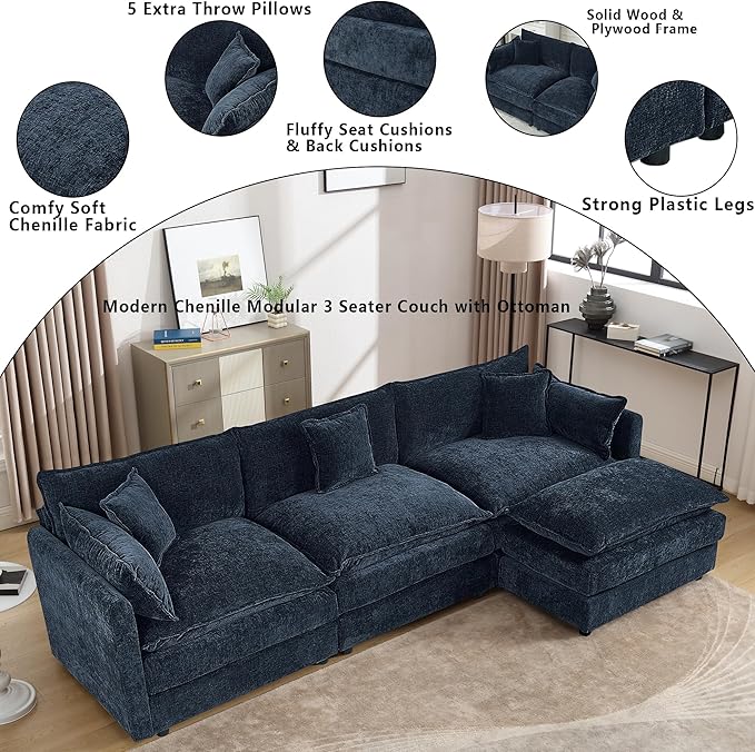 Setawix Deep 3 Seater Couch with Ottoman,112.2" L-Shaped Cloud Couches for Living Room,Chenille Cloud Sofa Couch with Deep Seat,Modular Sectional L Shape 3 Seat Sofa for Bedroom. (Blue, 3+1)