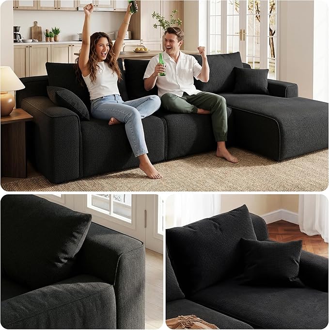97”Modular Sectional Sofa, Cloud Sectional Couch with Deep Seat, Modern Modular L-Shape Sofa Couch, Upholstered Boneless Couches for Living Room Bedroom (Black Check, Right Facing Chaise)