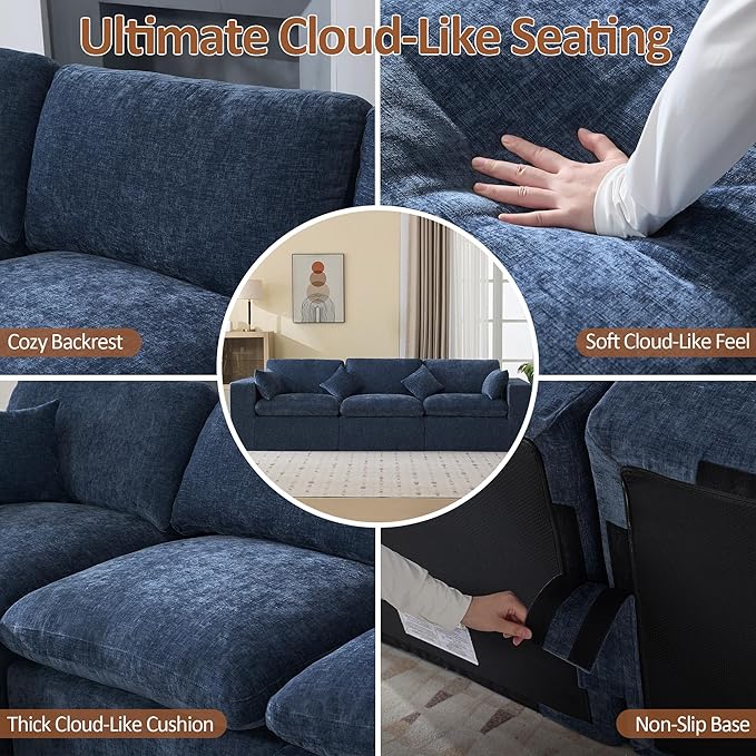 115''Cloud Boneless Sectional Couch, Modular Sectional Sofa Deep Seat, Oversized Upholstered Convertible Comfy 3 Seater Chenille Memory Foam Sofa Couches for Living Room, Navy
