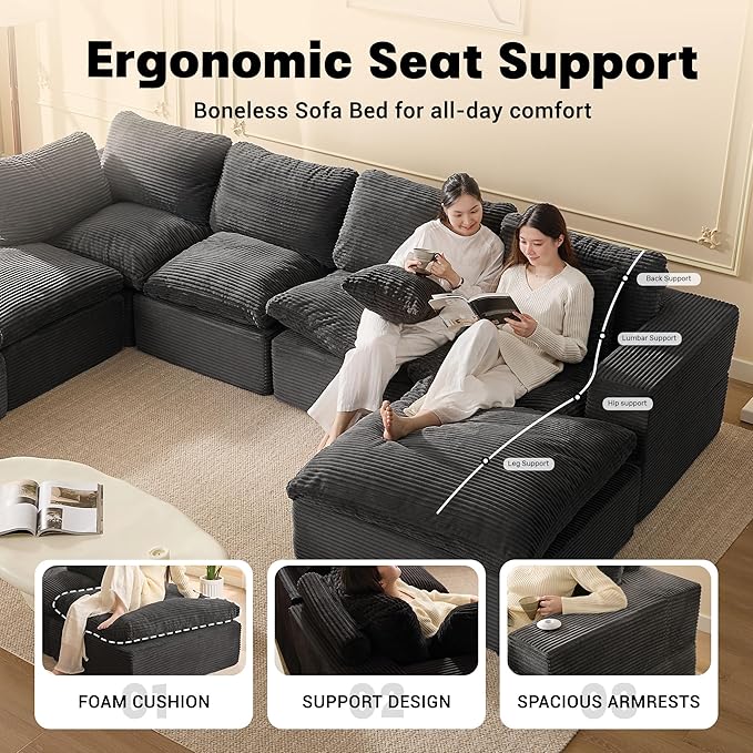 106.3” Sectional Couches for Living Room, Cloud Couch, Modular Sectional Sofa, Convertible Sofas Bed, Deep Seat Sofa, U Shaped Cozy Sofa Furniture Set, Corduroy, Grey