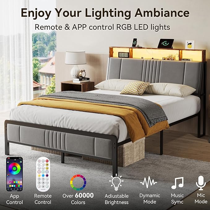 BedsPick Queen Bed Frame with Ergonomic Headboard, Upholstered Metal Platform Bed Queen Size with 2-Tier Storage, Charging Station, Smart LED Lights, Easy Assembly, No Box Spring Needed, Gray