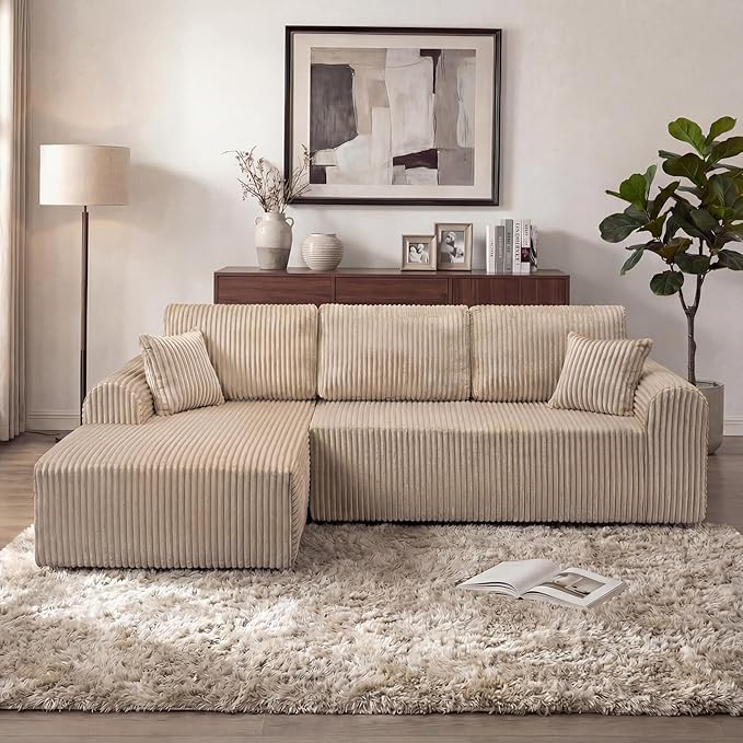 109“L-Shaped Sectional Sofa Boneless Couch Upholstery Cloud Modular Couch with Chaise No Assembly Required Corduroy Fabric Combination Deep Seat Living Room Bedroom(Camel, Left Hand Facing)