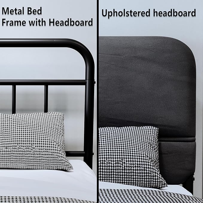 14Inch Metal Bed Frame,Queen Size Bed Frame with Upholstered Headboard,Heavy Duty Sturdy Mattress Foundation,Easy Assembly,No Box Spring Needed,Grey-Queen