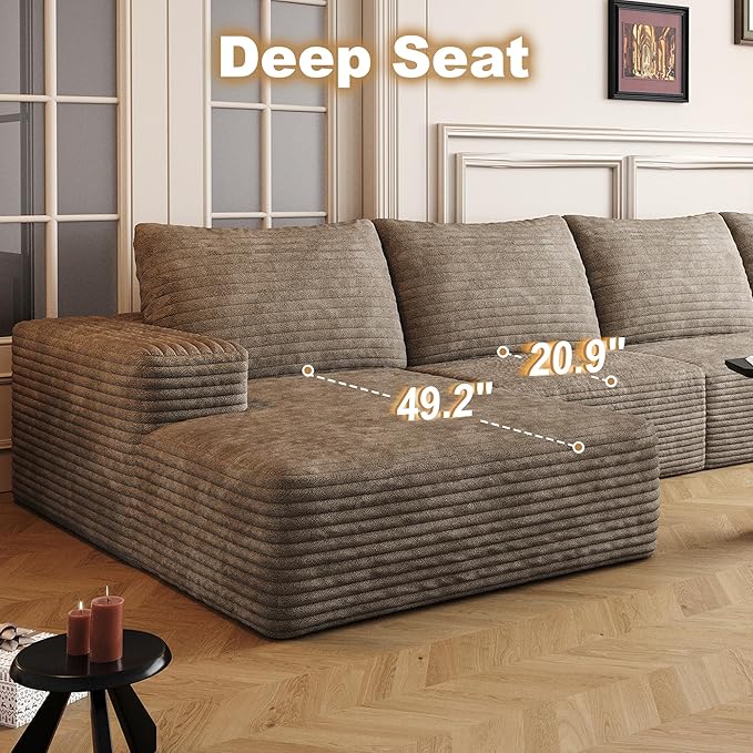 136" Sectional Couches for Living Room Cloud Couch Sofa with L-Shape Upholstered Boneless Couchs Modern Modular Sectional Couch with Chaise (Camel, 136" Left Facing Chaise+3Seaters)