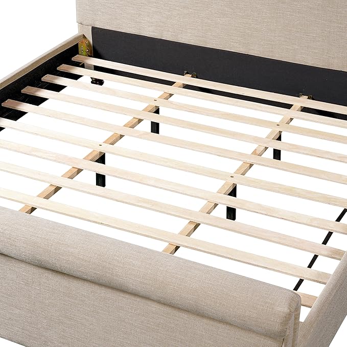 Christopher Knight Home Chenzi Linen Upholstered King Bed Frame and Headboard with Footboard, Wooden Platform King Size Bed Frame and Double-Layer Oval Legs, No Box Spring Needed, Sand Brown