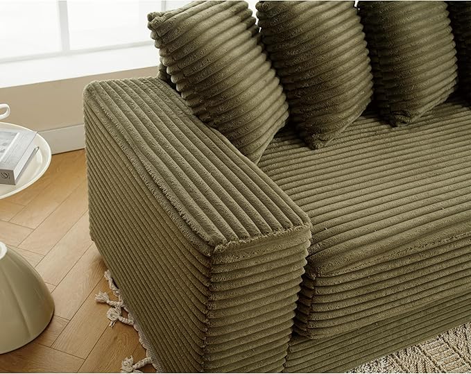 111 Inch Corduroy Sectional Couches for Living Room | L-Shaped Sectional Couch with 8 Pillows | Cloud Couch with Deep Seat | Solid Wood Frame Sofa Green (Right Facing Chaise)