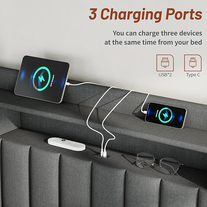 CypBed King Size Bed Frame with 4 Storage Drawers, Upholstered Platform King Bed Frame and Headboard, 3 USB & Type-C Charging Ports, Solid Wood Slats, No Box Spring Needed, No-Noise, Dark Grey,Gifts