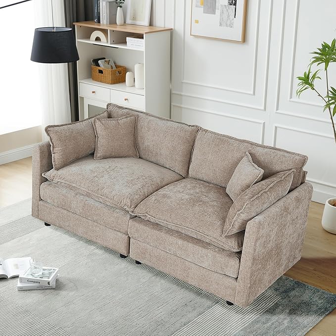 Setawix Chenille Loveseat Sofa Couch with Deep Seat,Large 2 Seater Cloud Couches for Living Room,77.16" Roomy Cloud Sofas,Modular Sectional 2 Seat Sofa with Pillows for Bedroom. (Coffee, 2 Seater)