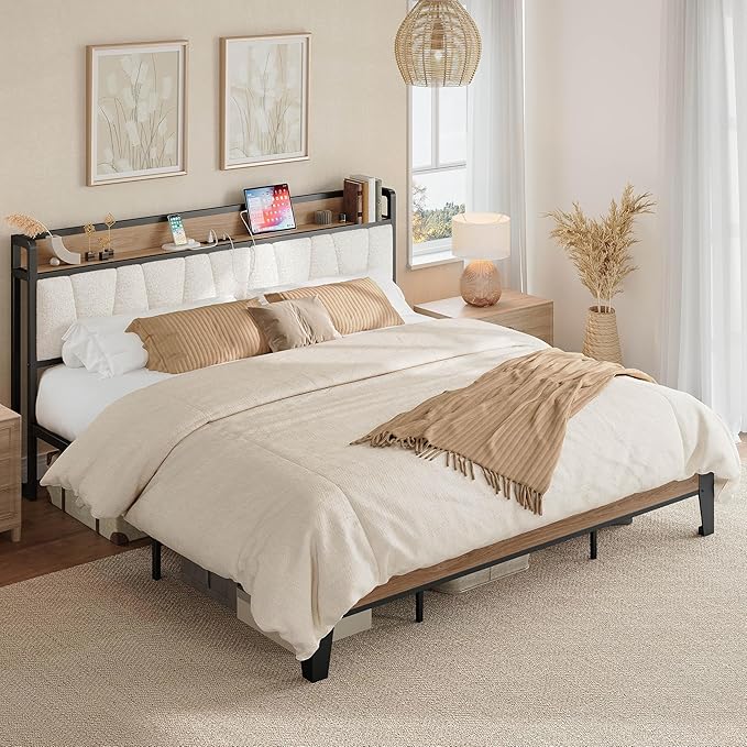 LIKIMIO King Bed Frames, Storage Headboard with Charging Station, Solid and Stable, Noise Free, No Box Spring Needed, Easy Assembly, Wood and Cream