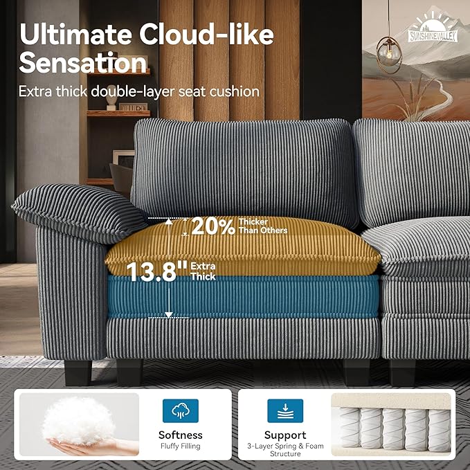 L Shaped Modular Cloud Couch, 123.6'' Comfy Corduroy Sectional Sofa with Wider Armrest and Ottoman, Upholstered 4-Seat Modern Deep Seat for Bedroom Living Room, Grey