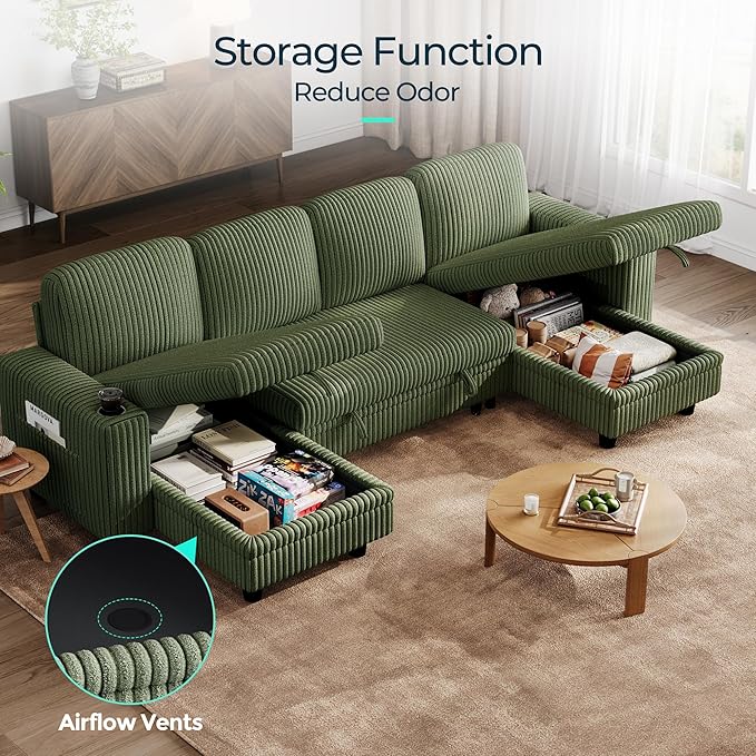 LINSY HOME Pull Out Sofa Bed Sectional Sleeper Sofa with Storage, Plush Corduroy Pullout Modular Sectional Couches for Living Room, U Shaped Convertible Couch Bed for Apartment (Green)