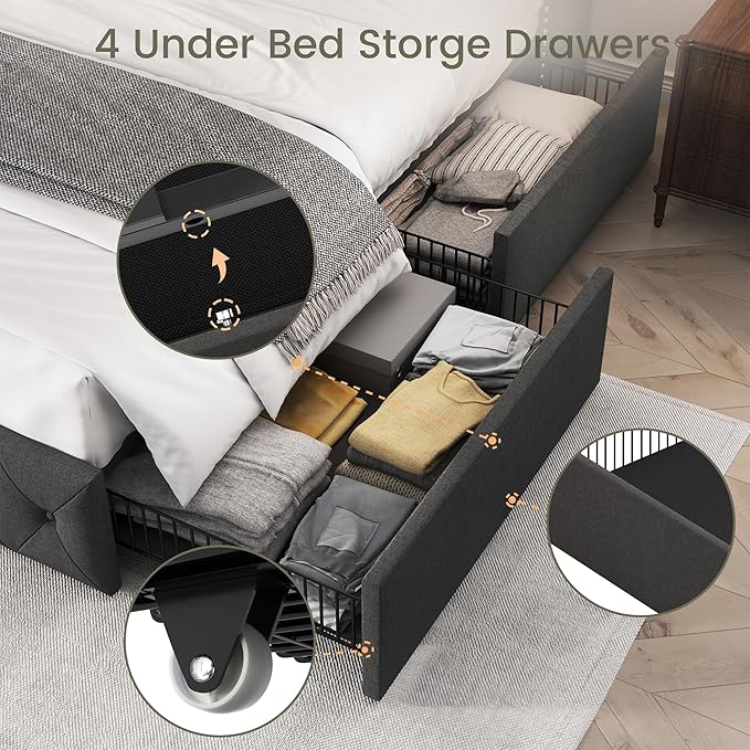LARMACE Full Size Bed Frame with 4 Storage Drawers and 47.2" Tall Wingback Headboard Linen Upholstered Platform Bed Frame Tufted Beds with Wooden Slats Support, Easy Assembly, Dark Grey