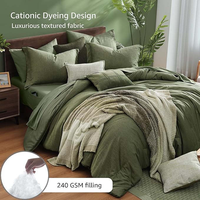 Monbix Oversized King Comforter Set - 7 Pieces Cationic Dyeing Olive Green Bed in a Bag Bed Sets with Comforter, Sheets, Pillowcases & Shams, Reversible Bedding Comforters Sets (120 * 98)