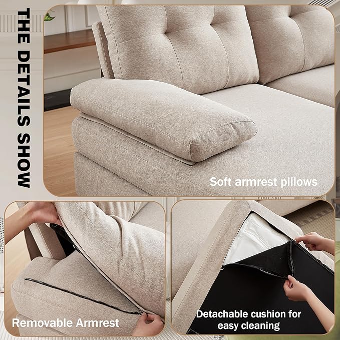 111" Sectional Couch for Living Room, Modern Polyester Fibre U Shaped Sofa Couches with Double Chaise, Upholstered 4 Seater Sofa for Living Room, Apartment, Office, Beige