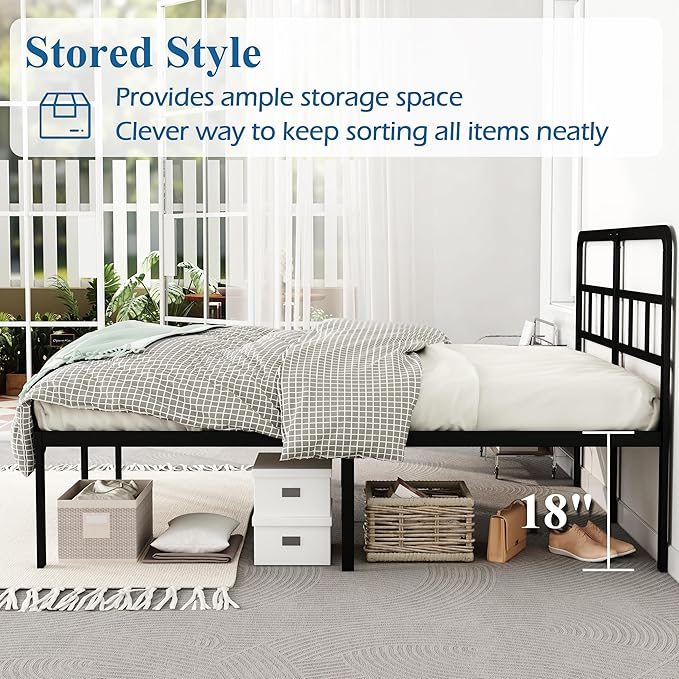 DiaOutro 18 Inch Queen Bed Frame with Headboard No Box Spring Needed, Heavy Duty Metal Queen Size Platform with Steel Slat, Mattress Foundation, Easy Assembly, Noise Free, Black