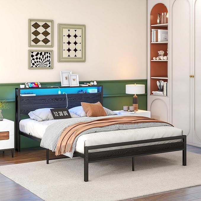 BOFENG Queen Bed Frame with Storage Headboard/LED Lights,Metal Platform Bed Frame with Charging Station,Bed Frame Queen Size with Storage,No Box Spring Needed,Noise Free,Black