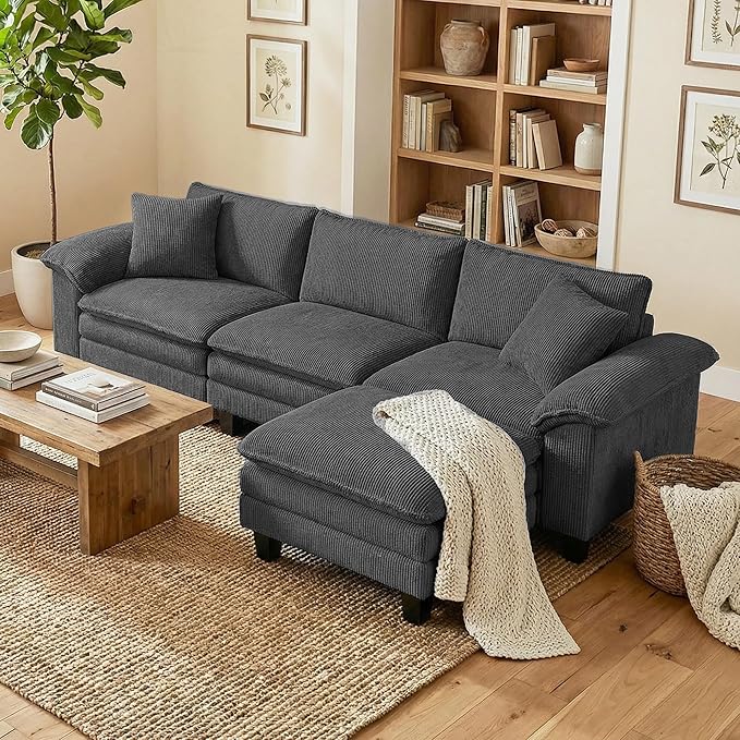 HOMCOM Modular Sectional Sofa Couch 124" Oversized L Shape Sectional Cloud Couch with Deep Seat, Movable Ottoman and Pillow-top Armrests for Living Room, Bedroom and Apartment, Dark Gray | Deep seat