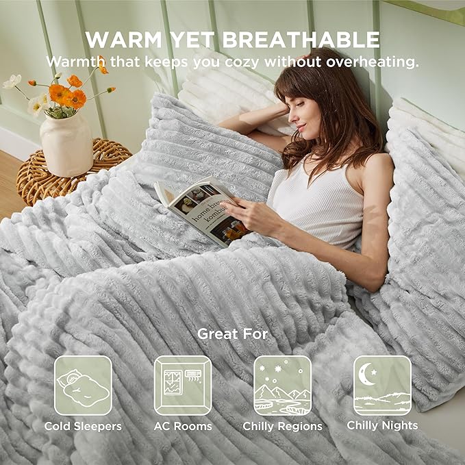 Bedsure Comforter Set Queen Size - GentleSoft™ 3 Pieces Double-Side Fleece Fluffy Light Grey Comforter Set, Cozy Striped Room Decor Aesthetic, Luxury Bedding Queen Size, 2 Pillowcases, 90x90 Inches