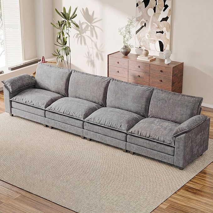 158.6'' Sectional Cloud Couch with 4 Seats & Wide Armrests, Oversized Linear Sofa with Double Layer Cushions, Comfy Chenille Couches for Living Room and Apartment (Light Grey, Linear Sofa)