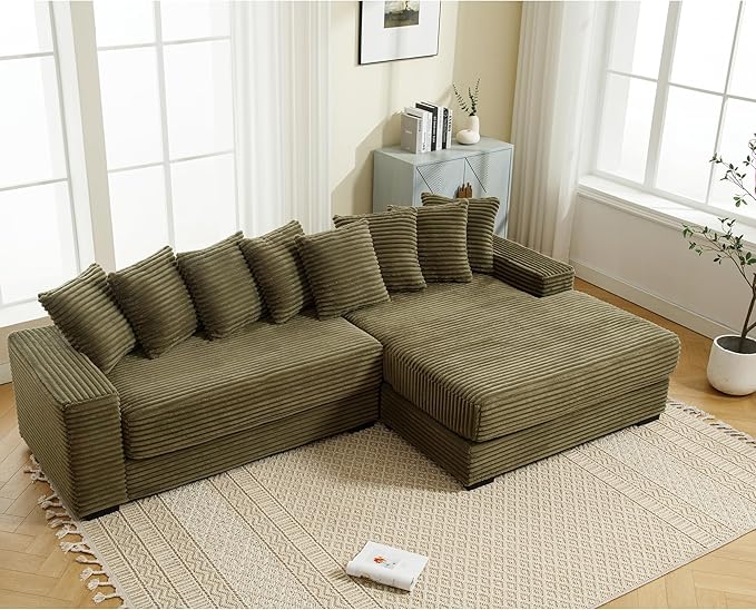 111 Inch Corduroy Sectional Couches for Living Room | L-Shaped Sectional Couch with 8 Pillows | Cloud Couch with Deep Seat | Solid Wood Frame Sofa Green (Right Facing Chaise)