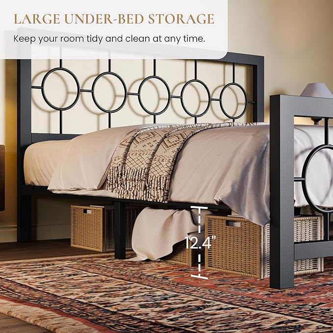 SHA CERLIN Queen Size Metal Bed Frame with Vintage Circular Design Headboard and Footboard,No Box Spring Required,Easy Assembly,Noise-Free,Black