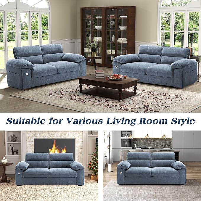 WorthFurni Sofas for Living Room, Chenille Pillow-Armrest Loveseat Couch Set, Small Sofa, 3 Seater Sofa, USB Charging, Removable Sofa Cover, Solid Wood Frame, Easy to Install (71.5 inch, Blue)