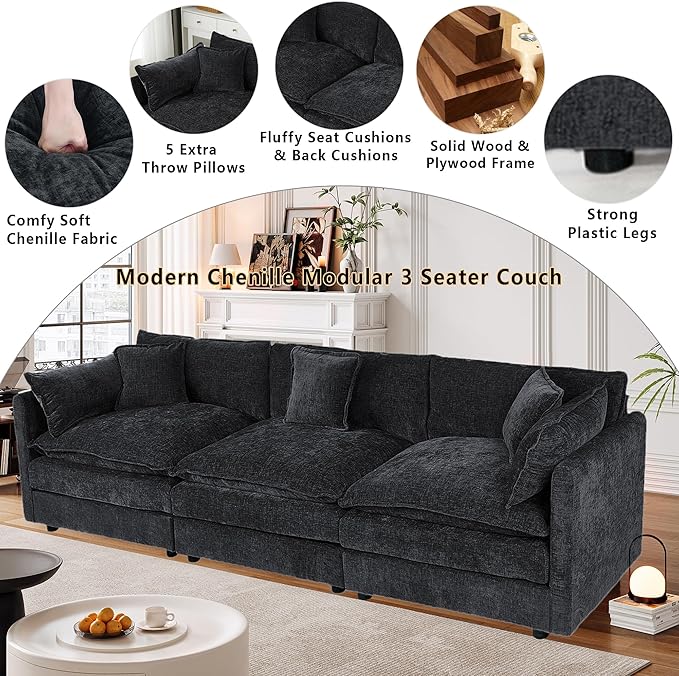 Setawix Chenille Cloud Couches for Living Room,3 Seater Cloud Sofa Couch with Deep Seat,112.2" Roomy Cloud Sofas,Modular Sectional 3 Seat Sofa with Pillows for Bedroom (Black, 3 Seater)