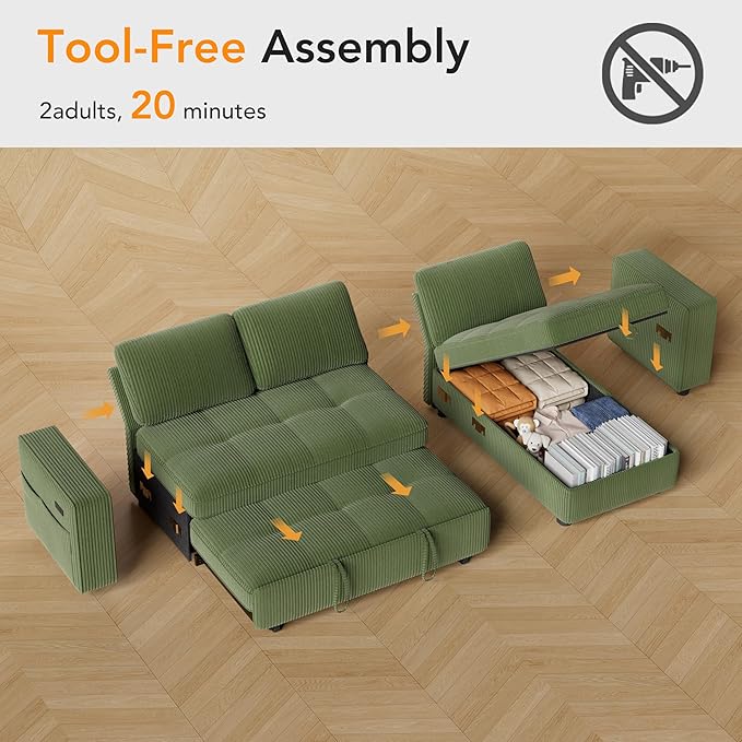 Vipbear Sectional Sleeper Couch with Pull Out Sofa Bed, L Shaped Plush Corduroy Couch with Reclining Backrest & Storage & USB Charging, Convertible Cloud Sectional Sofa Bed for Living Room, Green | Breathable material, Tool-Free Assembly, Reclining Bac...