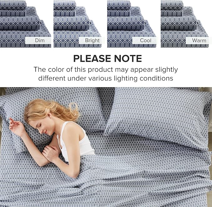 Comfort Spaces 100% Cotton Sheets Queen, Breathable, Naturally Cool Cotton Sheets, Soft Cotton Bed Sheets with 14" Elastic Pocket Fits up to 16" Mattress, All Seasons Sheet Set, Diamond Blue 4 Piece