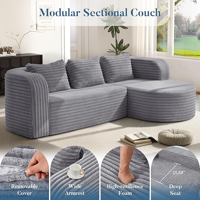 Hobestluk 96" Cloud Sectional Couch Modern Boneless Couch 3 Seater with Oversized Chaise L Shaped Modular Sofa for Living Room Apartment No Assembly Required (Stripe Lightgrey,Right Facing Chaise)