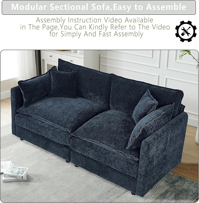Setawix Chenille Loveseat Sofa Couch with Deep Seat,Large 2 Seater Cloud Couches for Living Room,77.16" Roomy Cloud Sofas,Modular Sectional 2 Seat Sofa with Pillows for Bedroom. (Blue, 2 Seater)
