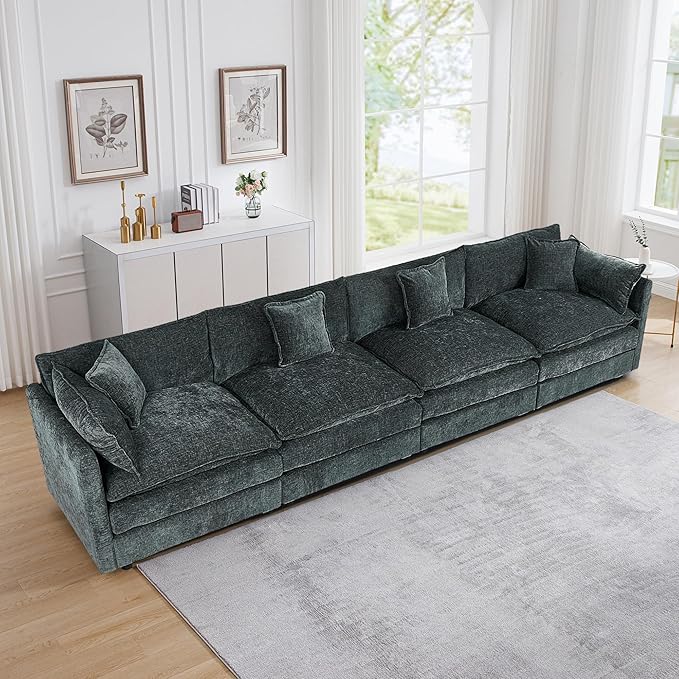 Setawix Chenille Cloud Couches for Living Room,4 Seater Cloud Sofa Couch with Deep Seat,147.22" Roomy Cloud Sofas,Modular Sectional 4 Seat Sofa with Pillows for Bedroom (Grey, 4 Seater)