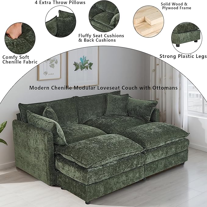 Setawix Deep Loveseat Couch with Ottomans,Large 2 Seater Lounger Cloud Couches for Living Room,77.16" Chenille Cloud Sofas with Deep Seat,Modular Sectional Sleeper Sofa for Bedroom (Green, 2+2)
