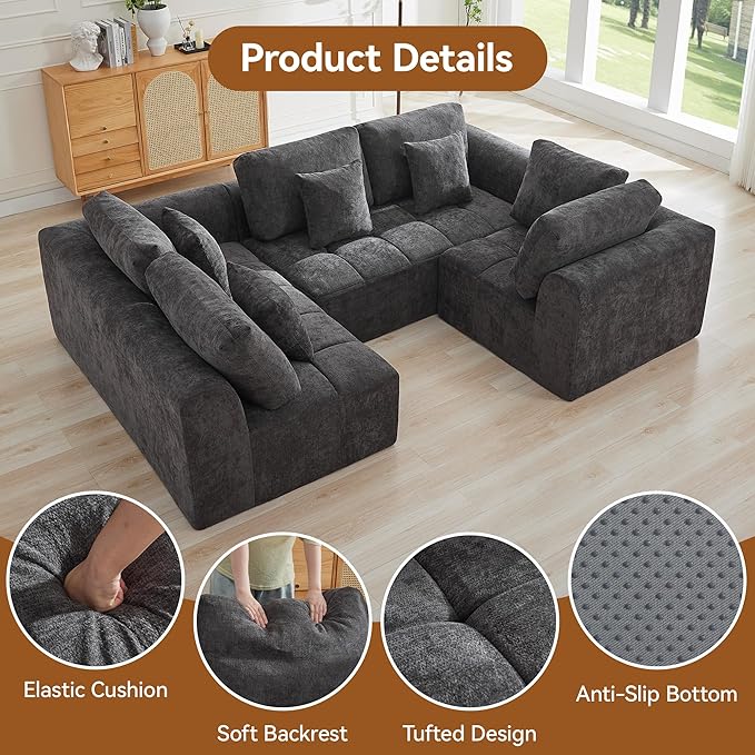 110''Modular Sectional Couches for Living Room, Cloud Boneless Compressed Sectional Sofa, Oversized U Shaped 5 Seater Upholstered Memory Foam Sofa, No Assembly, Chenille Grey