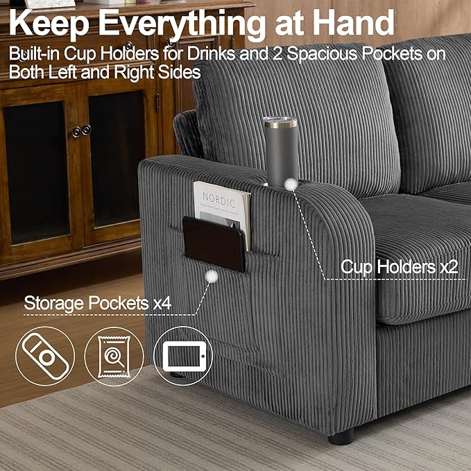87.4" Oversized 3 Seater Couch,Upholstered Sofa for Living Room,Modern Deep Seat Comfy Love Seat Couch with Cup Holders,Corduroy Loveseat Sofa (Grey)