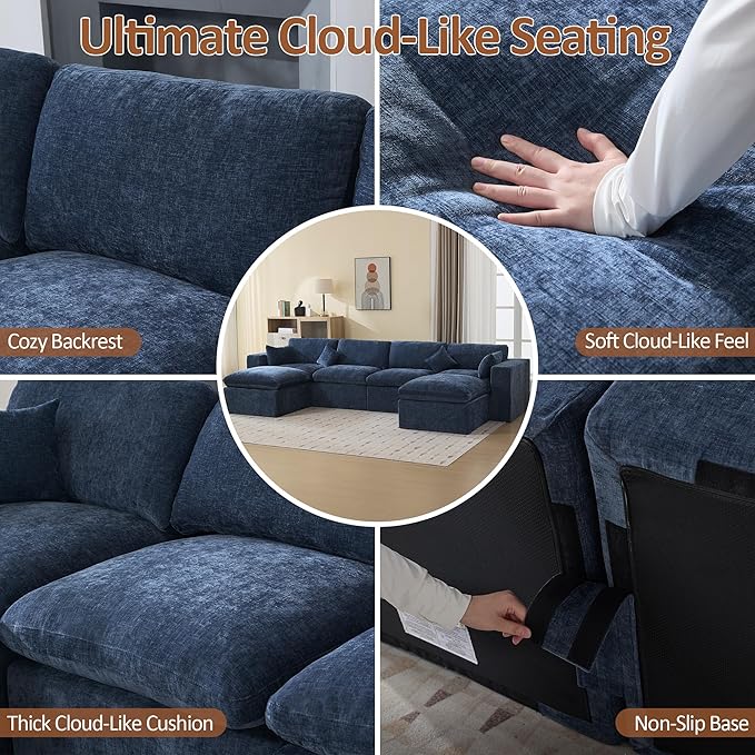 146''Cloud Boneless Sectional Couch, Modular Sectional Sofa Deep Seat with 2 Ottomans, Oversized Upholstered Convertible Comfy 6 Seater Chenille Sofa U Shape Couches for Living Room, Navy
